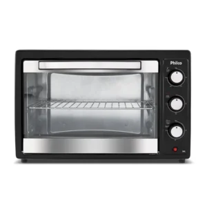 Forno elétrico de bancada na cor preta com acabamento em inox, porta de vidro transparente e três botões giratórios laterais para controle de temperatura, função e tempo.