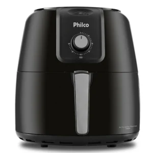 Fritadeira elétrica sem óleo (air fryer) preta com acabamento fosco, formato arredondado e painel frontal com botão de controle de tempo e temperatura.
