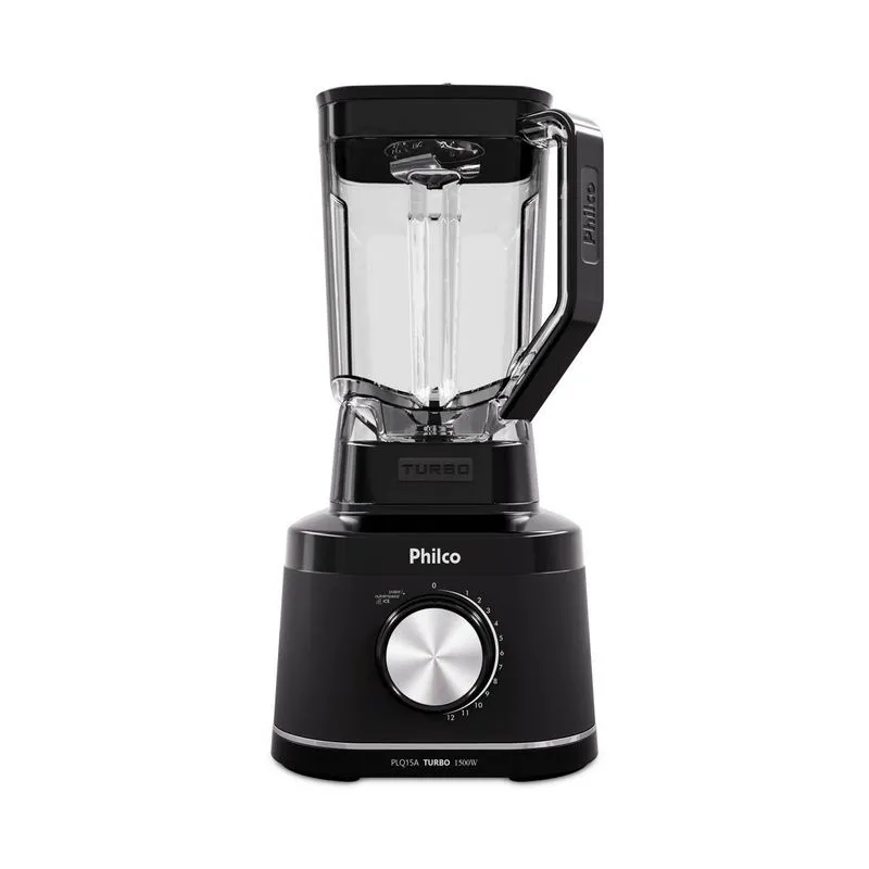 Liquidificador Philco PLQ15A Turbo 1500W preto com copo transparente, alta potência e design moderno para sucos, vitaminas e receitas.