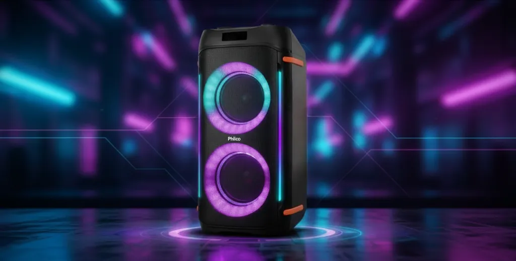 Caixa de som Philco EX Bass 1200W PCX6900 com iluminação LED roxa e azul em ambiente moderno, destacando o design potente e ideal para festas