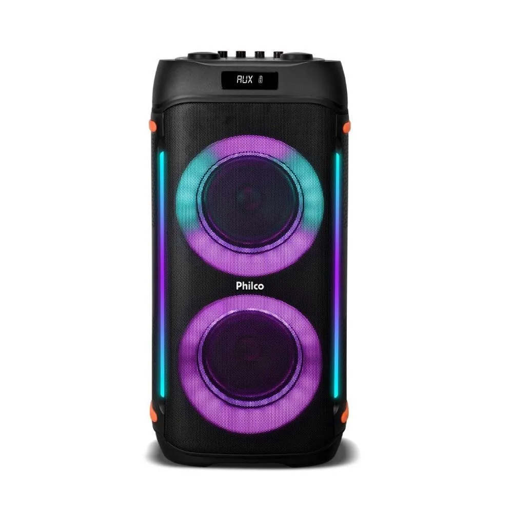 Vista frontal da caixa de som Philco EX Bass 1200W PCX6900 com dois alto-falantes de LED colorido e display digital, ideal para festas e eventos com som potente.