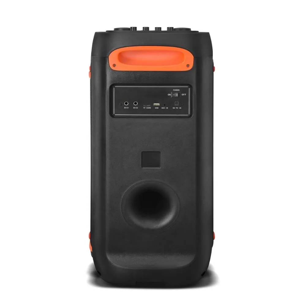 Parte traseira da caixa de som Philco EX Bass 1200W PCX6900 mostrando entradas USB, SD, AUX, microfone e botão de energia, com design robusto e alça laranja para transporte.