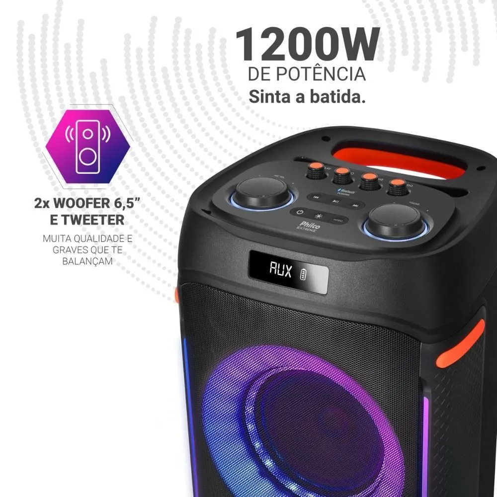 Caixa de som Philco EX Bass 1200W PCX6900 com 2 woofers de 6,5 polegadas, tweeter e luzes de LED coloridas, destacando a potência sonora e graves intensos