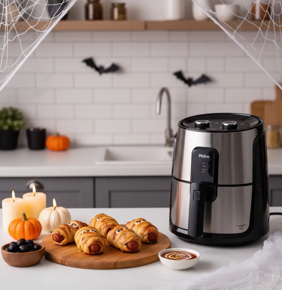 Enroladinho de salsicha Halloween preparado na Air Fryer Philco, decorado como múmias com olhos comestíveis, sobre tábua de madeira em cozinha temática com abóboras e teias de aranha.