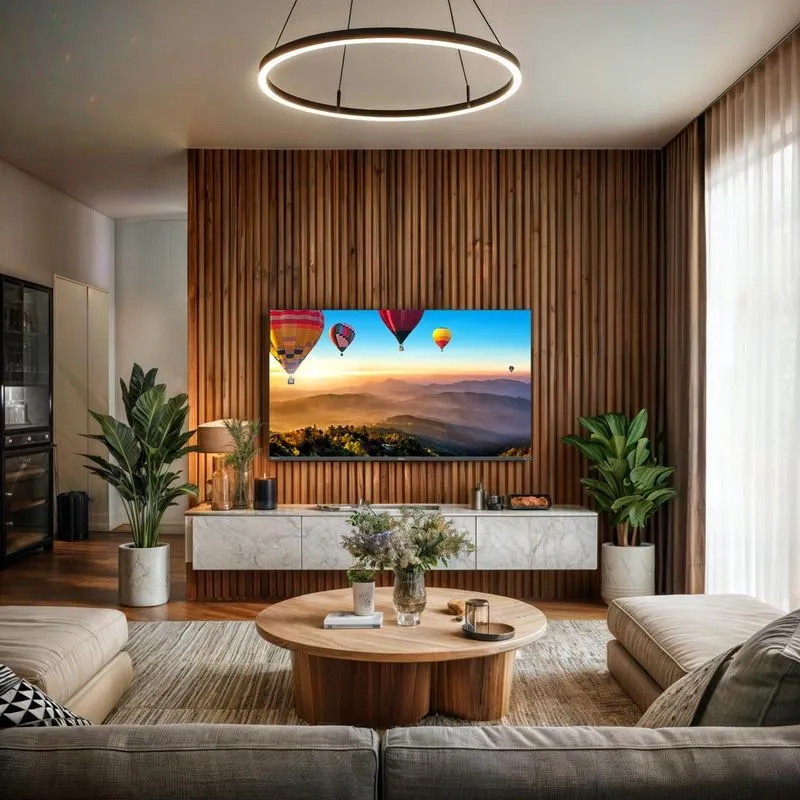Smart TV Philco 49 polegadas P49ERA 4K borda infinita instalada em painel ripado de madeira em sala moderna e sofisticada